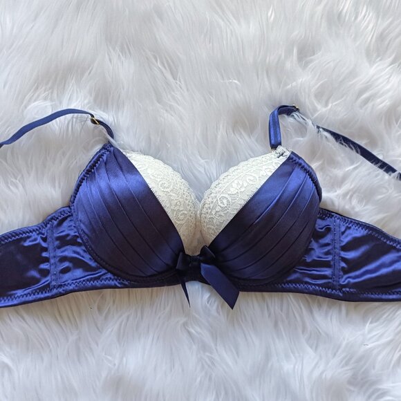 Indigo satiny push-up bra with bow and lace accents - Picture 1 of 4